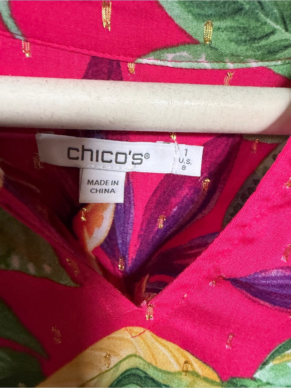 Chico's Fuchsia Tropical Leaf Tassel Blouse - Picture 7 of 12